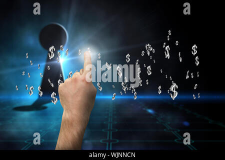 Hand pointing against keyhole on technological black background Stock Photo