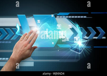 Hand presenting against arrows on technical background Stock Photo