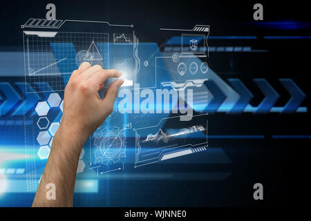 Hand presenting against arrows on technical background Stock Photo