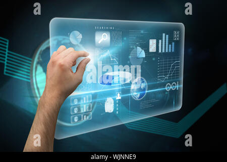 Hand presenting against shiny globe on black background Stock Photo