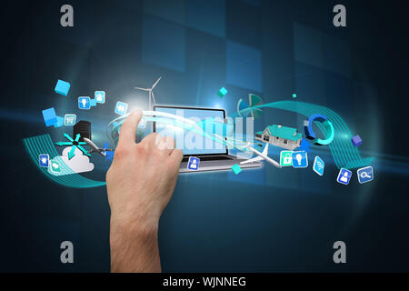 Hand pointing against technical background with squars Stock Photo