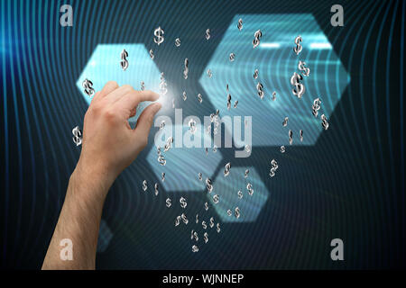 Hand presenting against shiny hexagons on black background Stock Photo