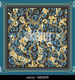Blue trendy pattern carf with gold baroque flourishes and chains on leopard backdrop. Square fashion print. Retro style. Stock Vector