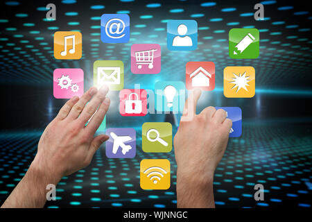 Hands pointing and presenting against keyhole on technological glowing background Stock Photo