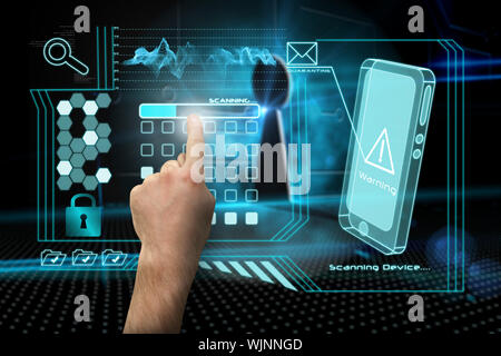 Hand pointing against keyhole on technological background Stock Photo