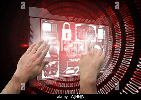 Hands pointing and presenting against shiny red binary code on black background Stock Photo