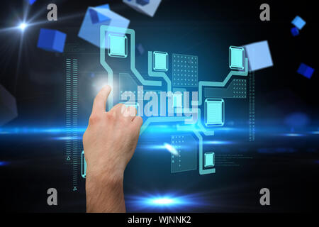 Hand pointing against boxes on technical background Stock Photo