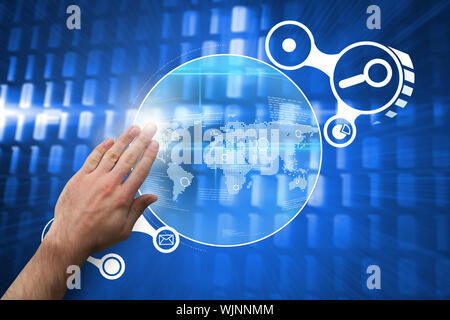 Hand presenting against glowing squares on blue background Stock Photo