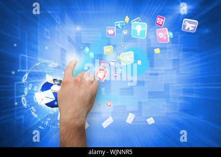 Hand pointing against shiny technological background Stock Photo