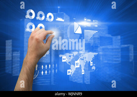 Hand presenting against futuristic shiny cityscape Stock Photo