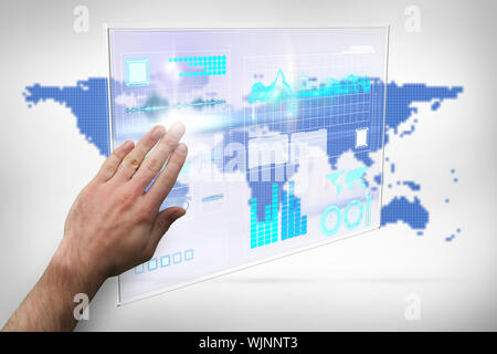 Hand presenting against blue world map on white background Stock Photo