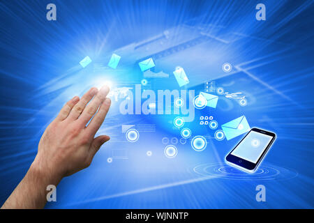 Hand presenting against shiny background with squares Stock Photo
