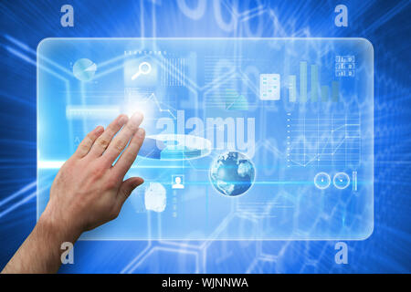 Hand presenting against background with shiny hexagons Stock Photo