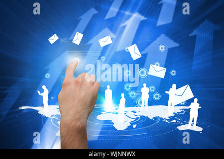 Hand pointing against futuristic shiny arrow pointing upwards Stock Photo