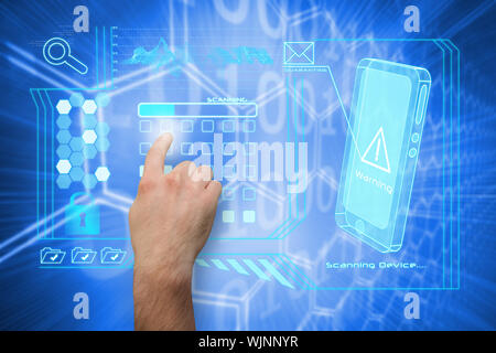Hand pointing against background with shiny hexagons Stock Photo