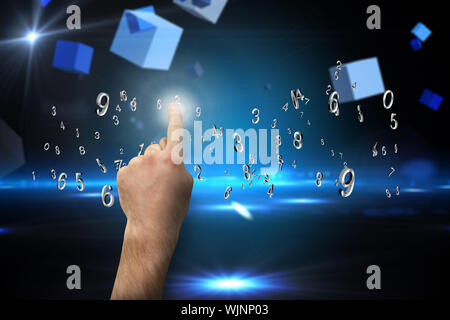 Hand pointing against boxes on technical background Stock Photo