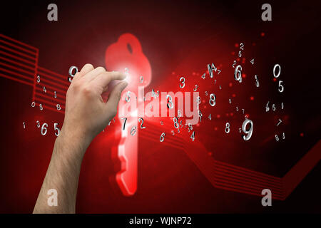 Hand presenting against shiny red key on black background Stock Photo