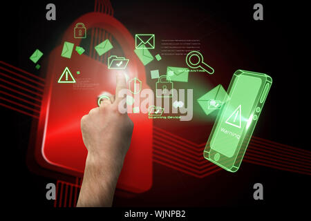 Hand pointing against shiny red lock on black background Stock Photo