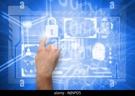 Hand pointing against background with shiny hexagons Stock Photo