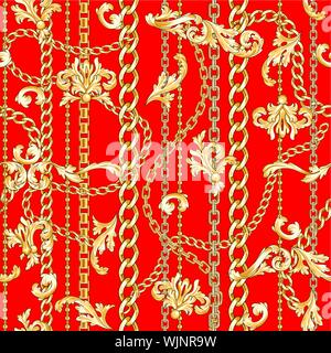Golden flourishes and chains mixed on bright red backdrop. Trendy retro seamless pattern. Stock Vector