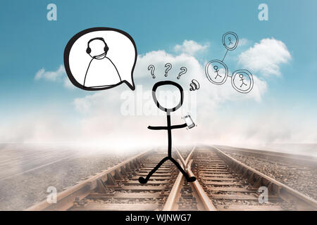 Stick figure doodle against train tracks leading over the horizon Stock Photo