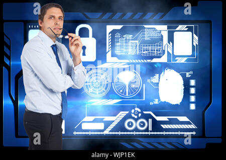 Thinking businessman biting glasses against security interface Stock Photo