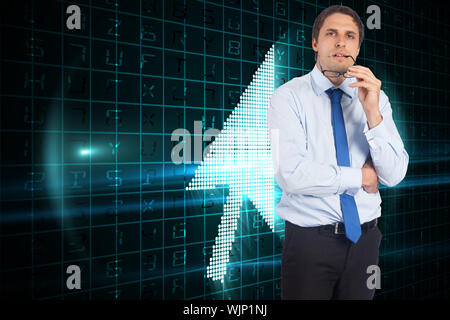 Thinking businessman biting glasses against digital cursor Stock Photo