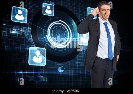 Thinking businessman scratching head against futuristic technology interface Stock Photo