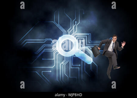 Happy businessman in a hury against circuit board and magnifying glass graphic Stock Photo