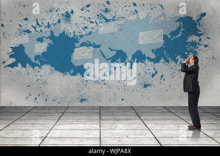 Shouting businessman against splash showing global communications Stock Photo