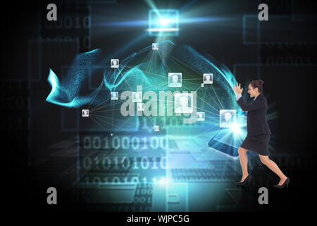 Angry businesswoman gesturing against shiny futuristic technological background Stock Photo