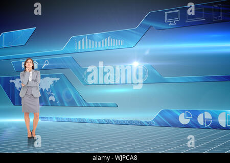 Focused businesswoman against futuristic technology interface Stock Photo