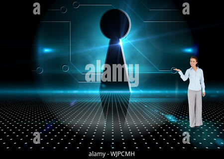 Businesswoman presenting against keyhole on technological background Stock Photo