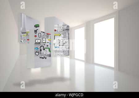 Media brainstorm on abstract screen against bright hall with windows Stock Photo