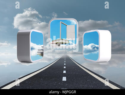 Open door on abstract screen against road over water reflecting sky Stock Photo