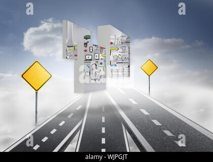 Media brainstorm on abstract screen against road over clouds with road signs on it Stock Photo