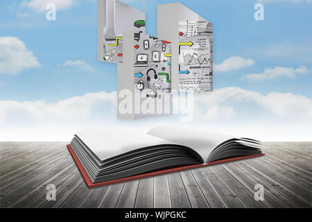 Media brainstorm on abstract screen against open book against sky Stock Photo