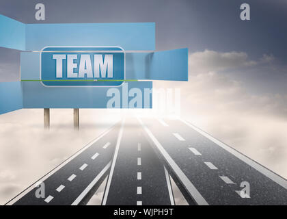 Team banner on abstract screen against signposts showing the road to success Stock Photo