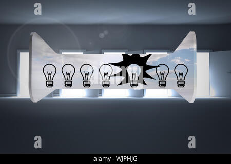 Light bulbs on abstract screen against doors opening revealing light Stock Photo