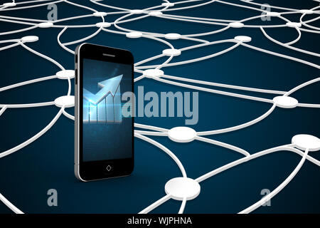 Arrow on smartphone screen against shiny lines on black background Stock Photo