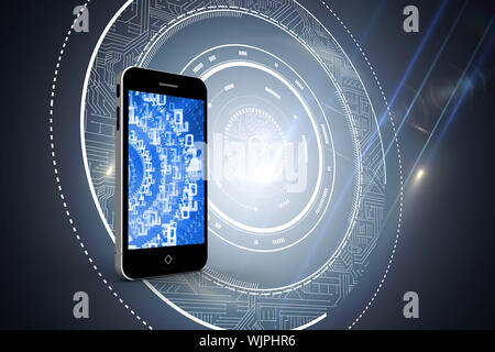 Binary code on smartphone screen against black background with glowing circle Stock Photo