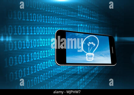 Cloud light bulb on smartphone screen against shiny blue binary code on black background Stock Photo