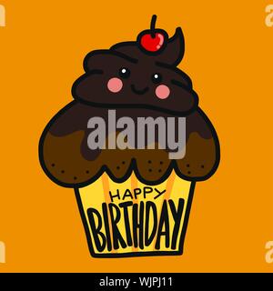 Happy Birthday chocolate cup cake smile cartoon vector illustration Stock Vector