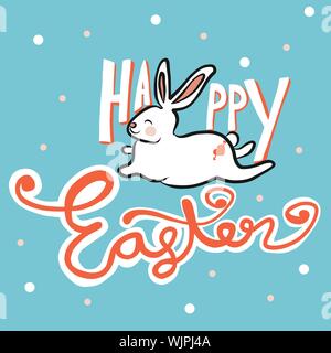 Happy Easter white rabbit cartoon vector illustration doodle style Stock Vector