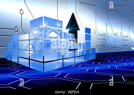 Interface on abstract screen against arrow on technological background Stock Photo
