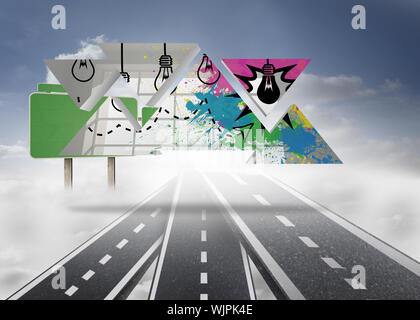 Light bulbs on abstract screen against roads over clouds with empty signposts Stock Photo