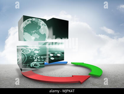 Earth interface on abstract screen against blue red and green arrows in desert landscape Stock Photo