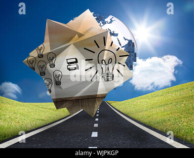 Light bulb equation on abstract screen against digitally generated earth floating over street Stock Photo