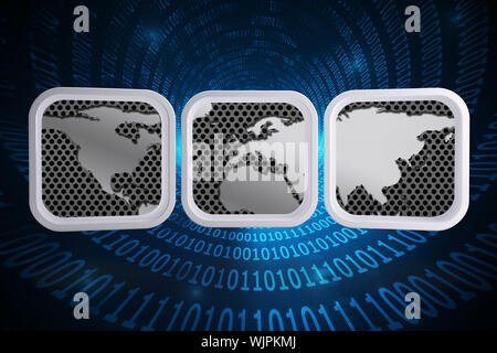 World map on abstract screen against spiral of shiny binary code Stock Photo