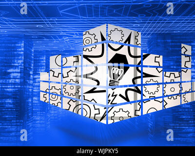 Light bulb on abstract screen against blue circuit board hallway Stock Photo